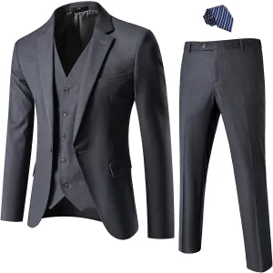 Mens Suit Slim Fit, 3 Piece Suit for Men, One Button Solid Jacket Vest Pants with Tie, Tuxedo Set