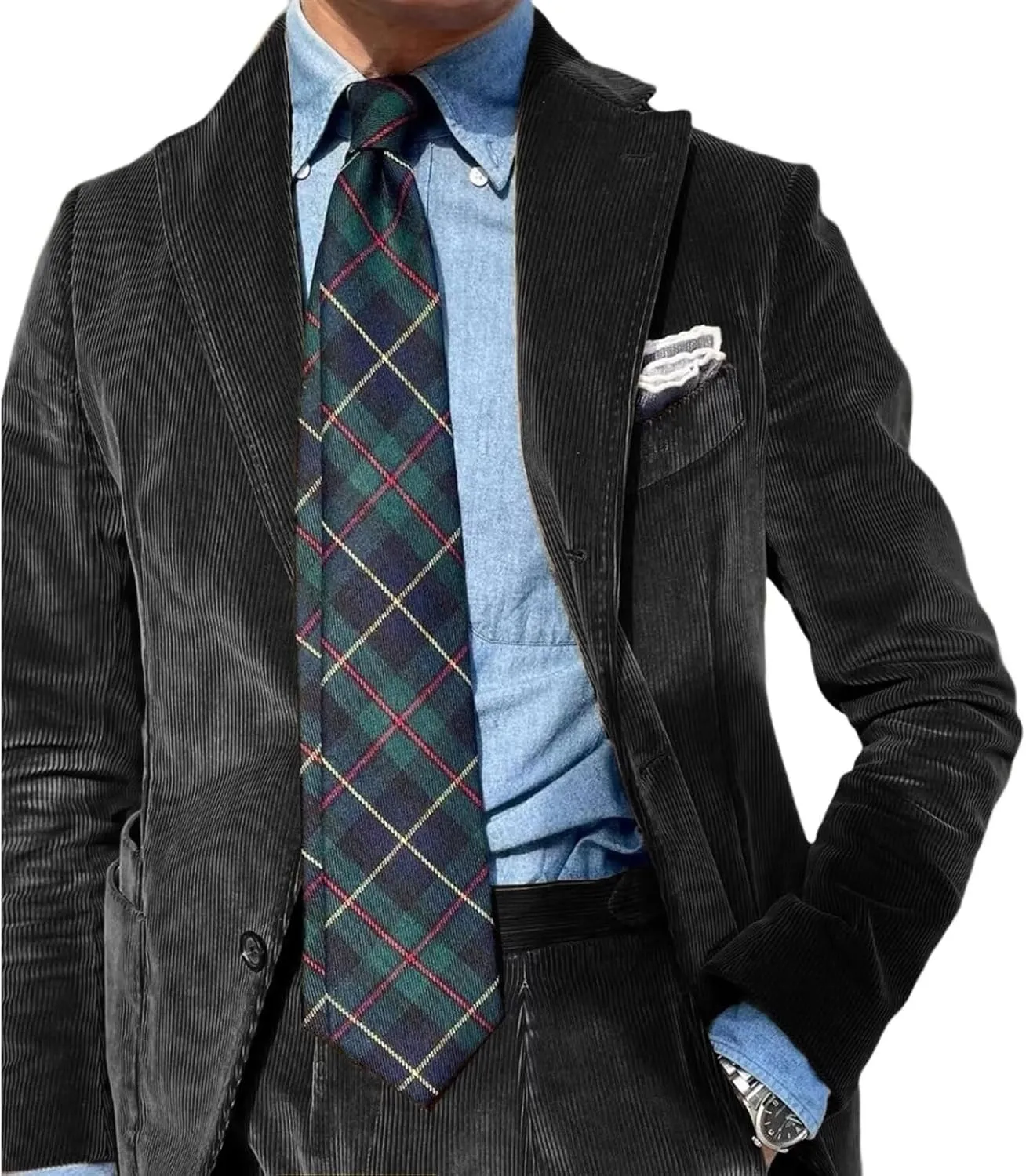 Mens Suits 2 Piece Retro Corduroy Slim Fit Business Formal Dress Suit for Wedding Prom Tuxedos Jacket Pants Set