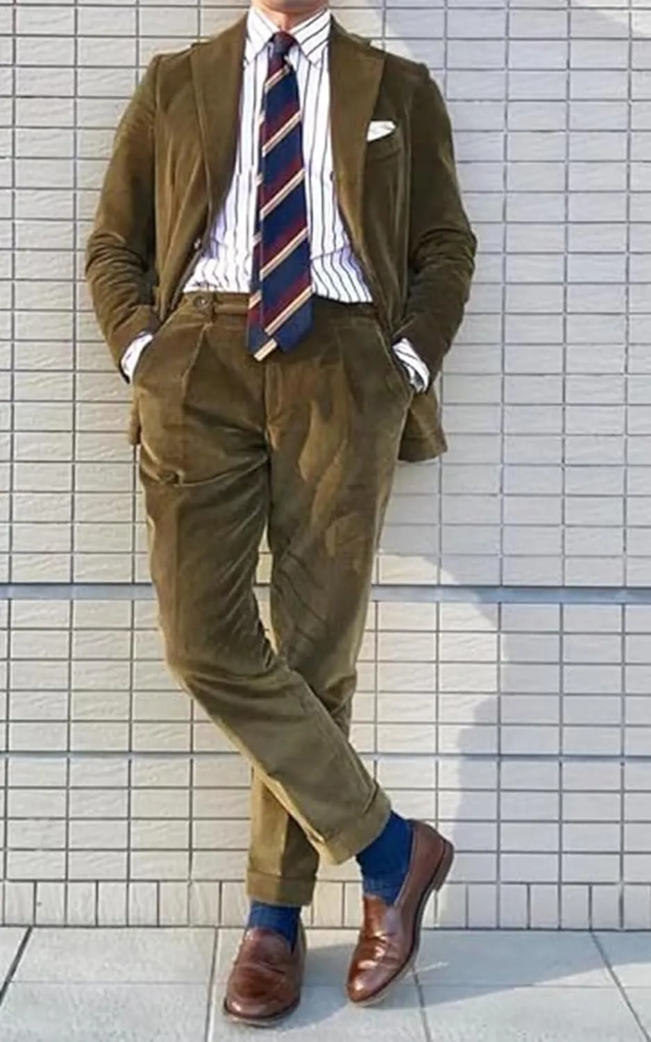 Mens Suits 2 Piece Retro Corduroy Slim Fit Business Formal Dress Suit for Wedding Prom Tuxedos Jacket Pants Set