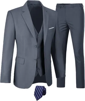 Men's Suits 3 Piece Slim Fit Suit Set,Two Button Wedding Business Tuxedo Solid Blazer Jacket Vest Pants with Tie