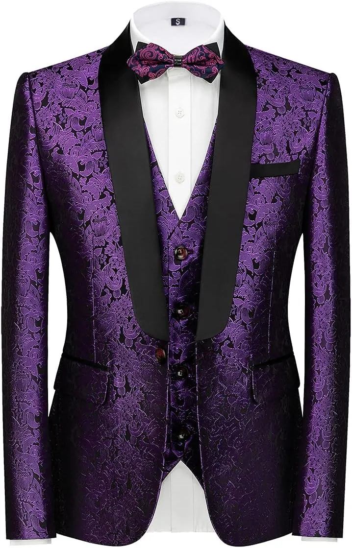 Mens Tuxedo Suits Slim Fit 3 Piece Formal Skinny Tuxedo Suit Set Shawl Lapel Paisley Suits Men for Wedding Prom