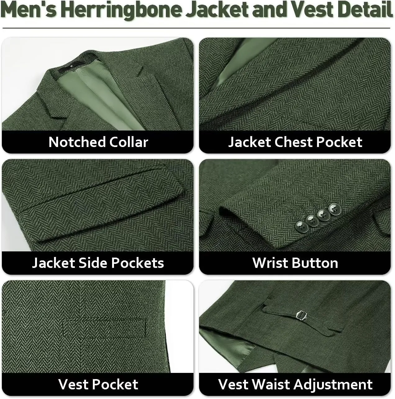 Mens Tweed Herringbone Suit Slim Fit 3 Pieces Mens Wedding Party Suit Groomsmen Tuxedos Prom Suit Jacket Vest Pants