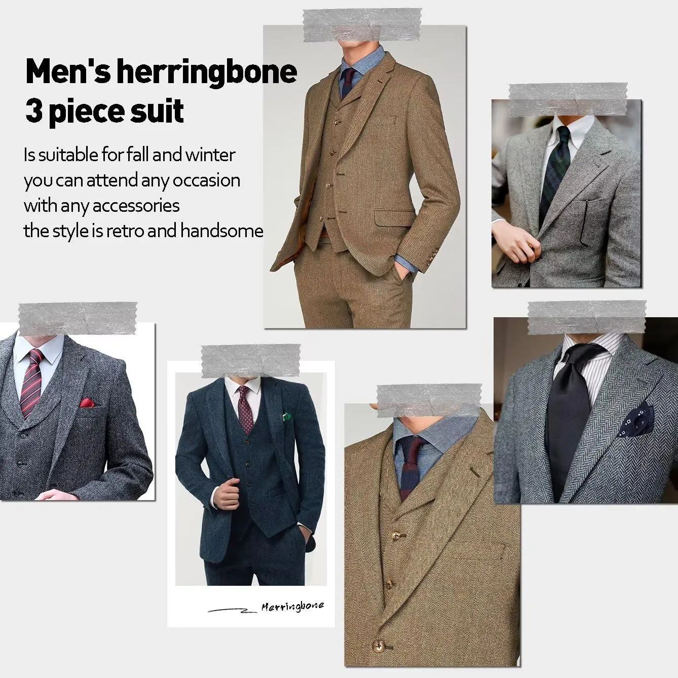 Mens Tweed Herringbone Suit Slim Fit 3 Pieces Mens Wedding Party Suit Groomsmen Tuxedos Prom Suit Jacket Vest Pants