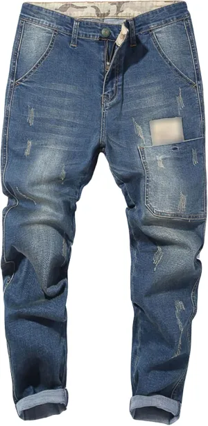 Men's Vintage Ripped Hip Hop Jeans Distressed Side Pocket Stretch Denim Pants Patches Slim Fit Harem Jean Trousers
