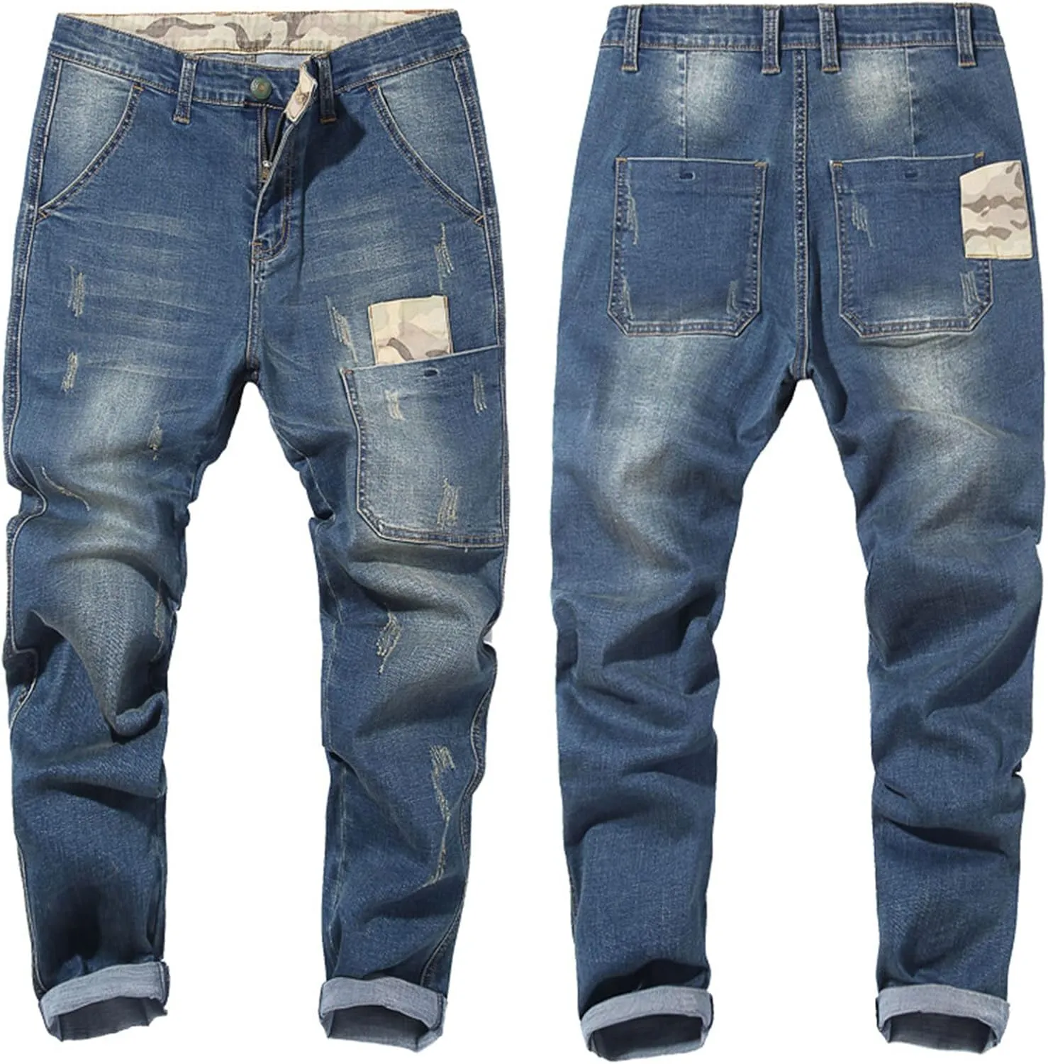 Men's Vintage Ripped Hip Hop Jeans Distressed Side Pocket Stretch Denim Pants Patches Slim Fit Harem Jean Trousers