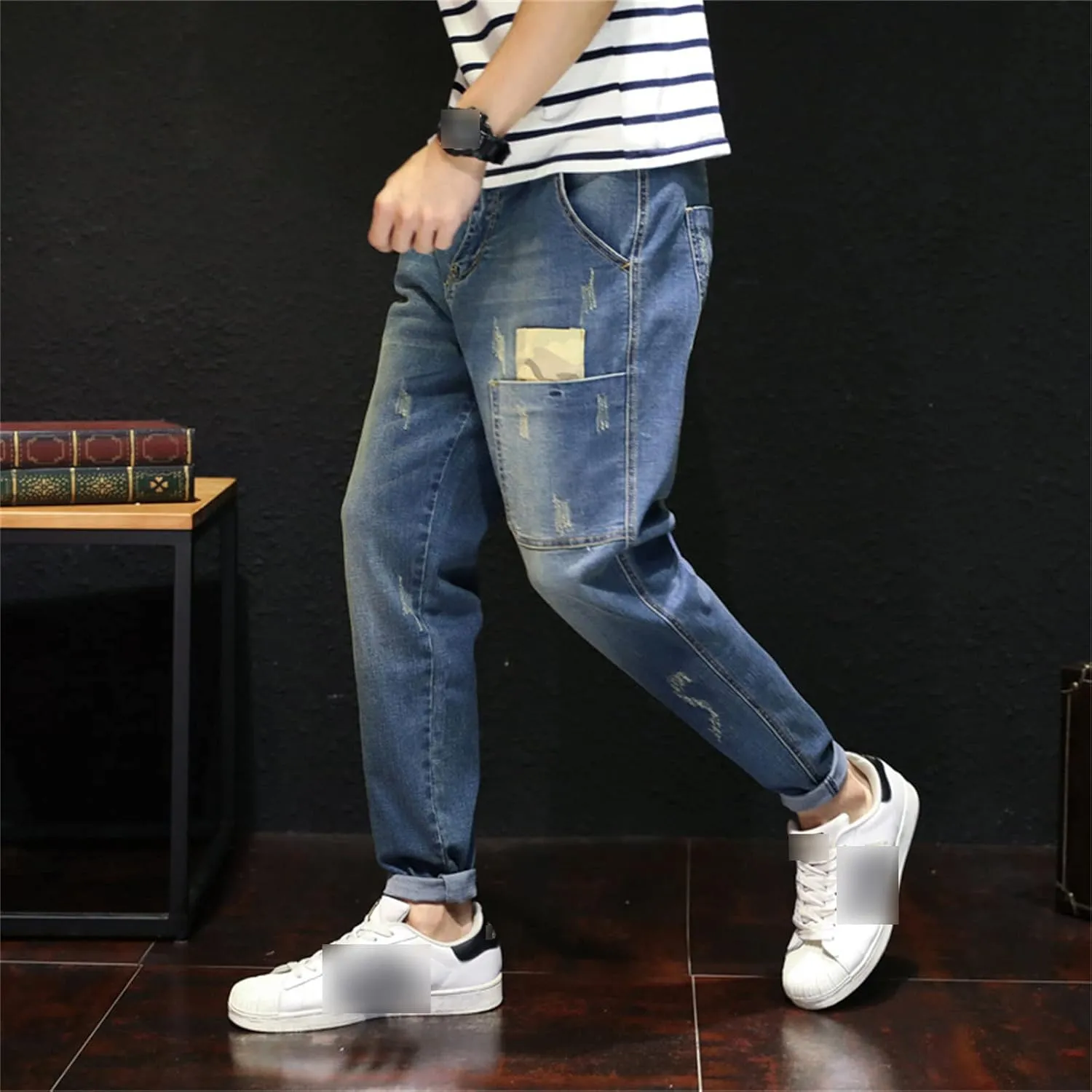 Men's Vintage Ripped Hip Hop Jeans Distressed Side Pocket Stretch Denim Pants Patches Slim Fit Harem Jean Trousers