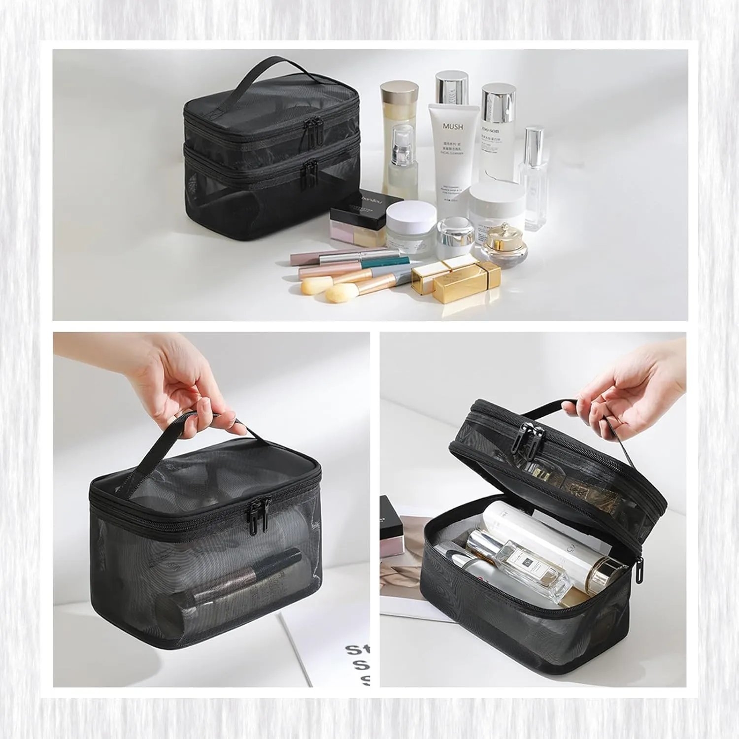 Mesh Cosmetic Bag Makeup Bags Portable Travel Organizing Zipper Pouch Toiletries Make up Pouches for Summer Beach Home Office