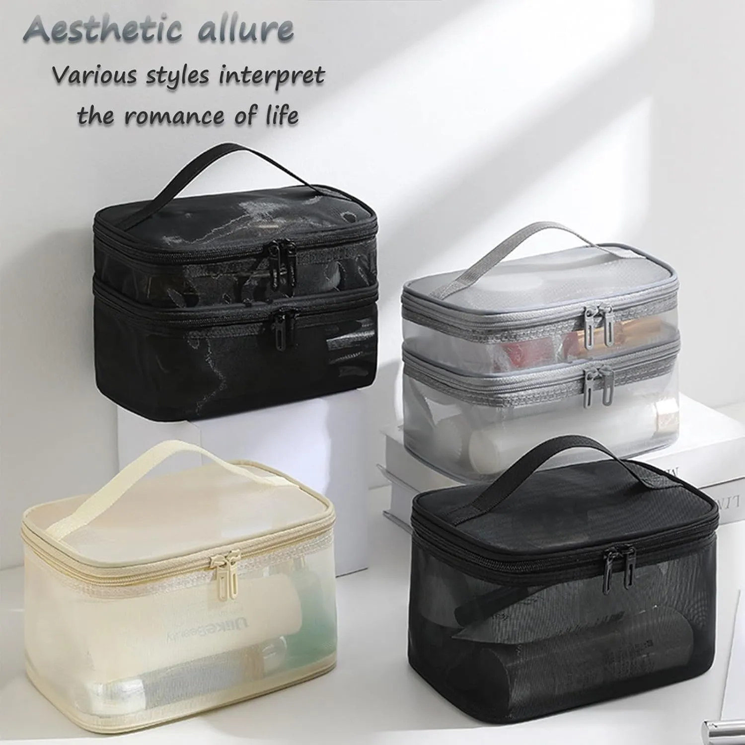 Mesh Cosmetic Bag Makeup Bags Portable Travel Organizing Zipper Pouch Toiletries Make up Pouches for Summer Beach Home Office