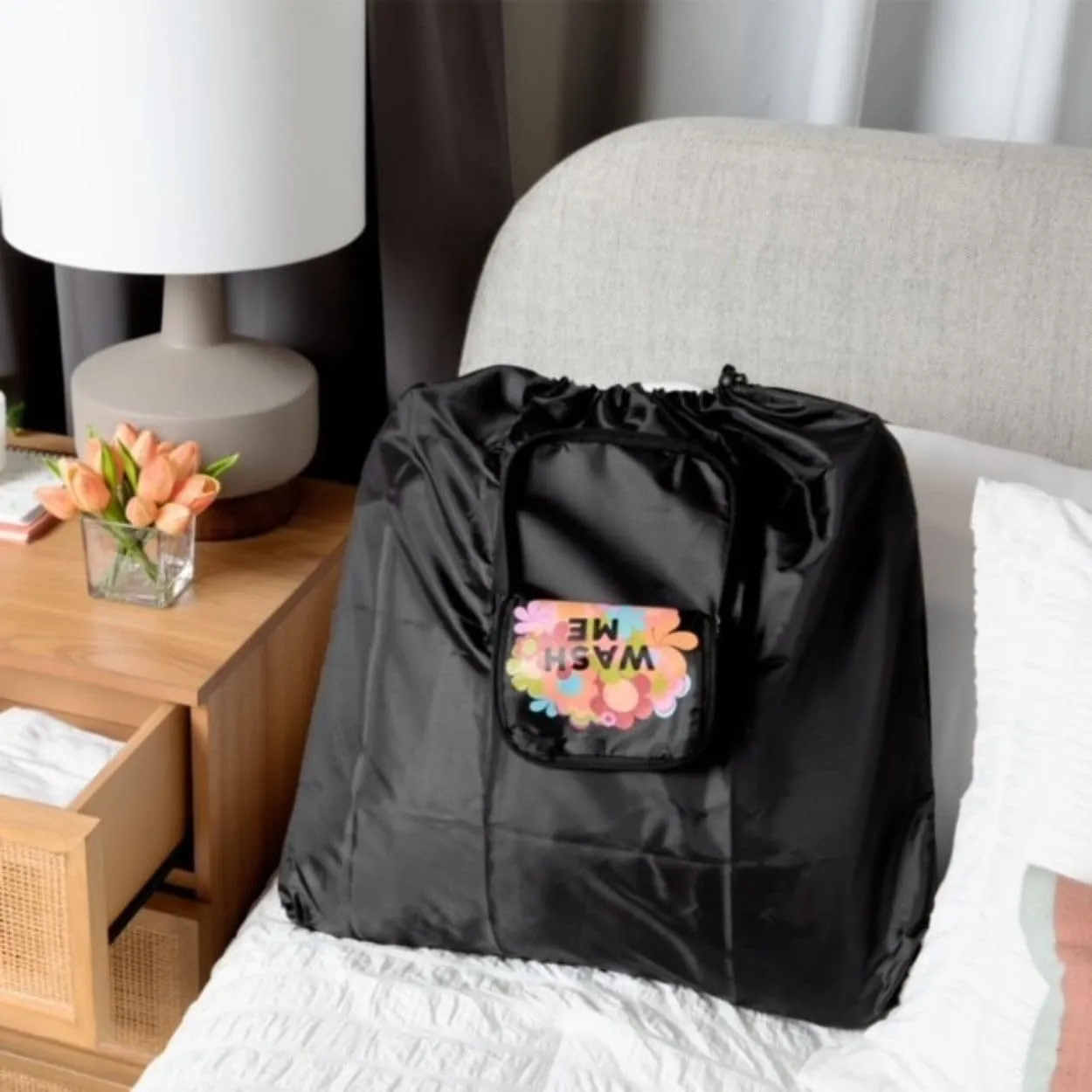 Miamica Foldable Travel Laundry Bag, Wash Me" Black Multicolor Flowers  Lightweight, Durable Design with Drawstring Closure, One Size