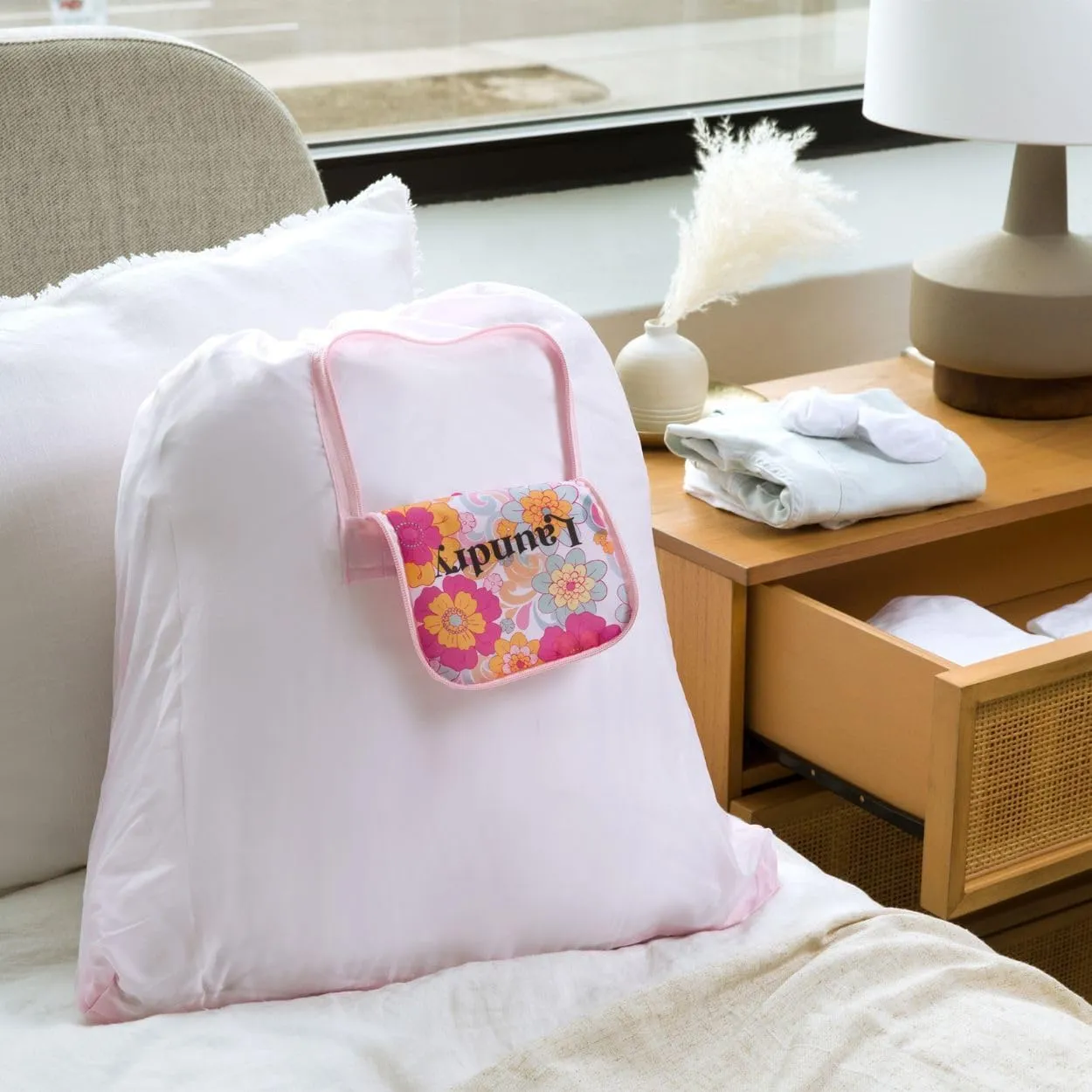 Miamica Malibu Babe Foldable Travel Laundry Bag, Pink Multicolor Flowers  Lightweight, Durable Design with Drawstring Closure, One Size