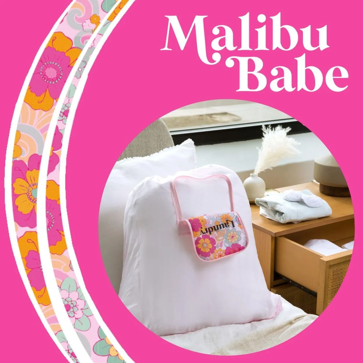 Miamica Malibu Babe Foldable Travel Laundry Bag, Pink Multicolor Flowers  Lightweight, Durable Design with Drawstring Closure, One Size