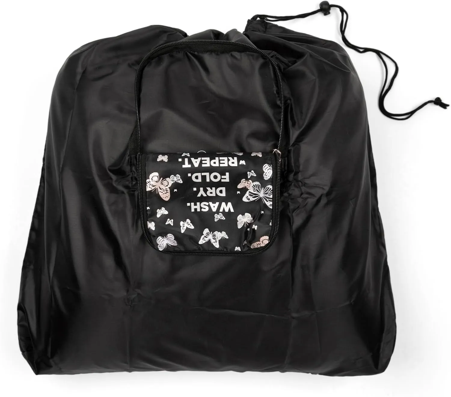 MIAMICA Miamica Foldable Travel Laundry Bag, Black Butterfly, Wash, Dry, Fold, Repeat, 21'' x 22''  Lightweight, Durable Design with Drawstring Closure