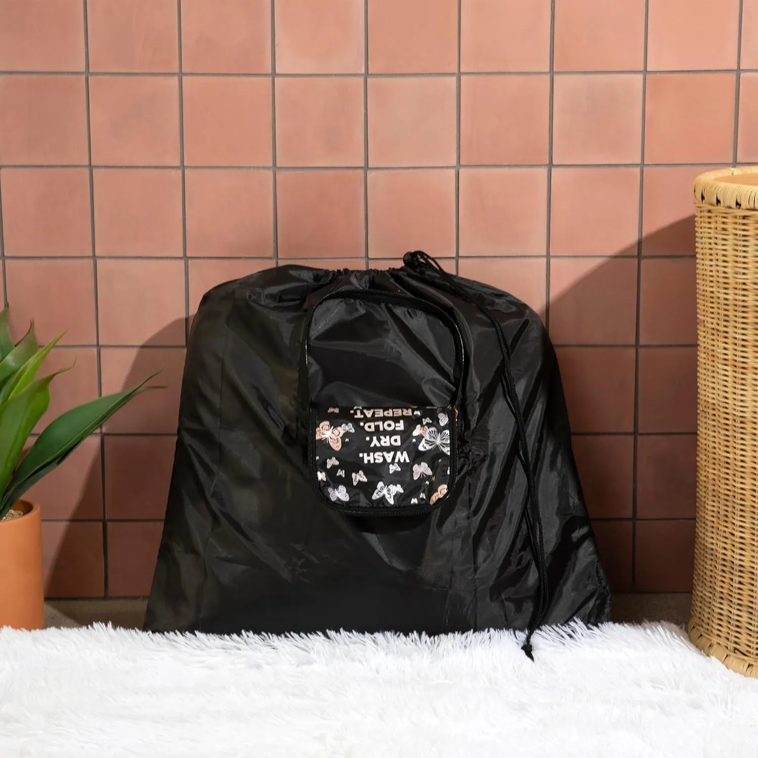 MIAMICA Miamica Foldable Travel Laundry Bag, Black Butterfly, Wash, Dry, Fold, Repeat, 21'' x 22''  Lightweight, Durable Design with Drawstring Closure