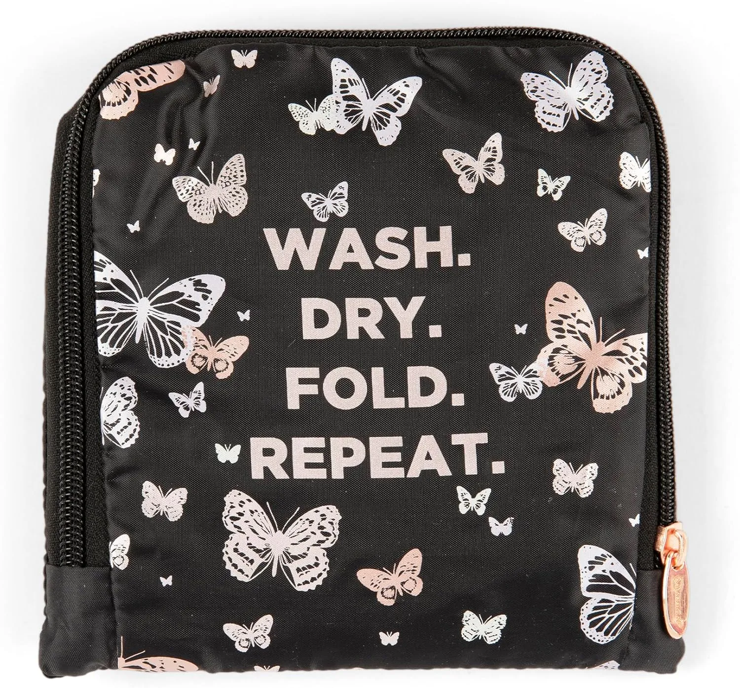 MIAMICA Miamica Foldable Travel Laundry Bag, Black Butterfly, Wash, Dry, Fold, Repeat, 21'' x 22''  Lightweight, Durable Design with Drawstring Closure
