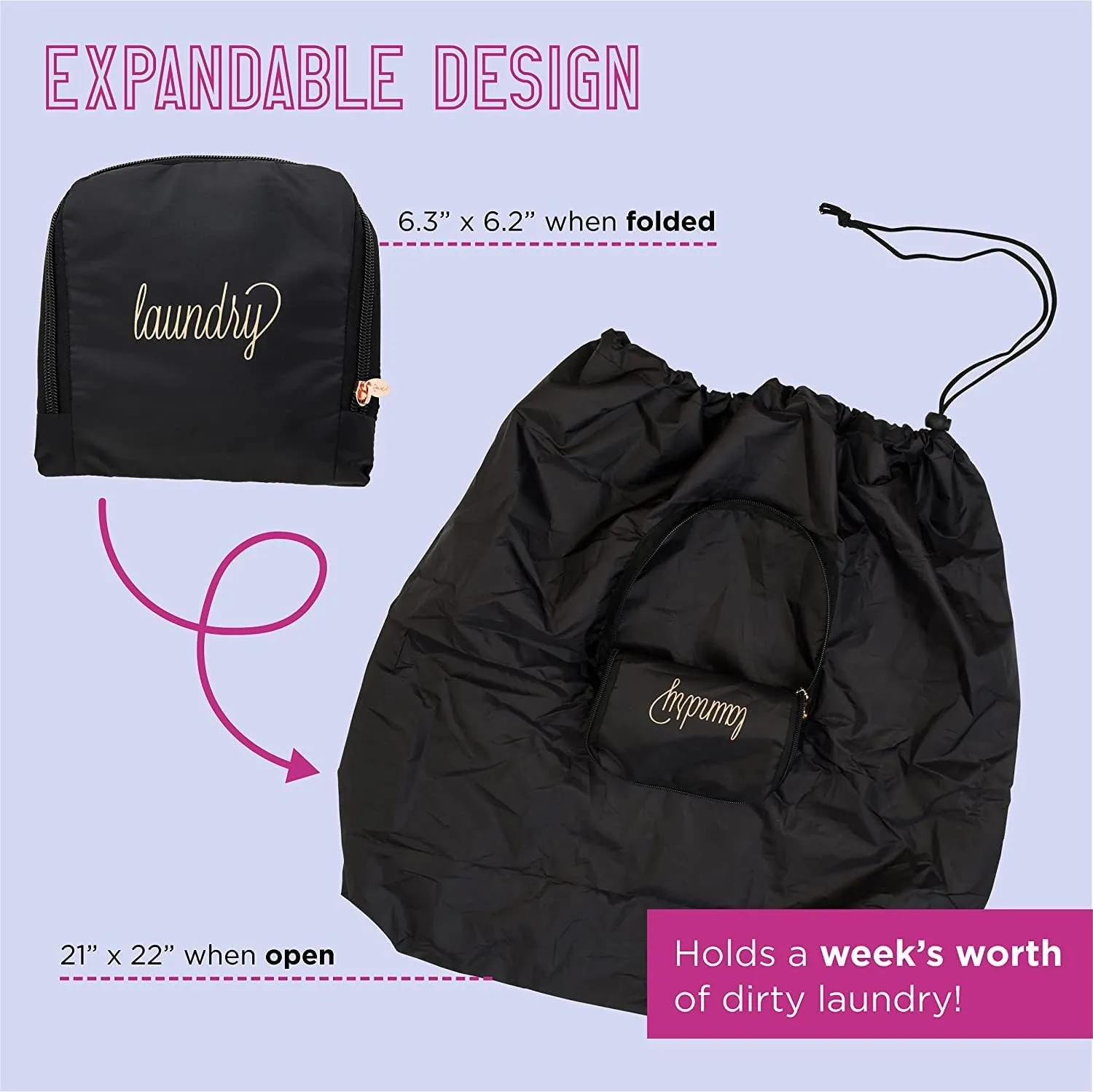 Miamica Travel Laundry Bag, Navy and White  Measures 21 x 22 When Fully Opened  Foldable Laundry Bag with Drawstring Closure  Durable, Lightweight Travel Accessories