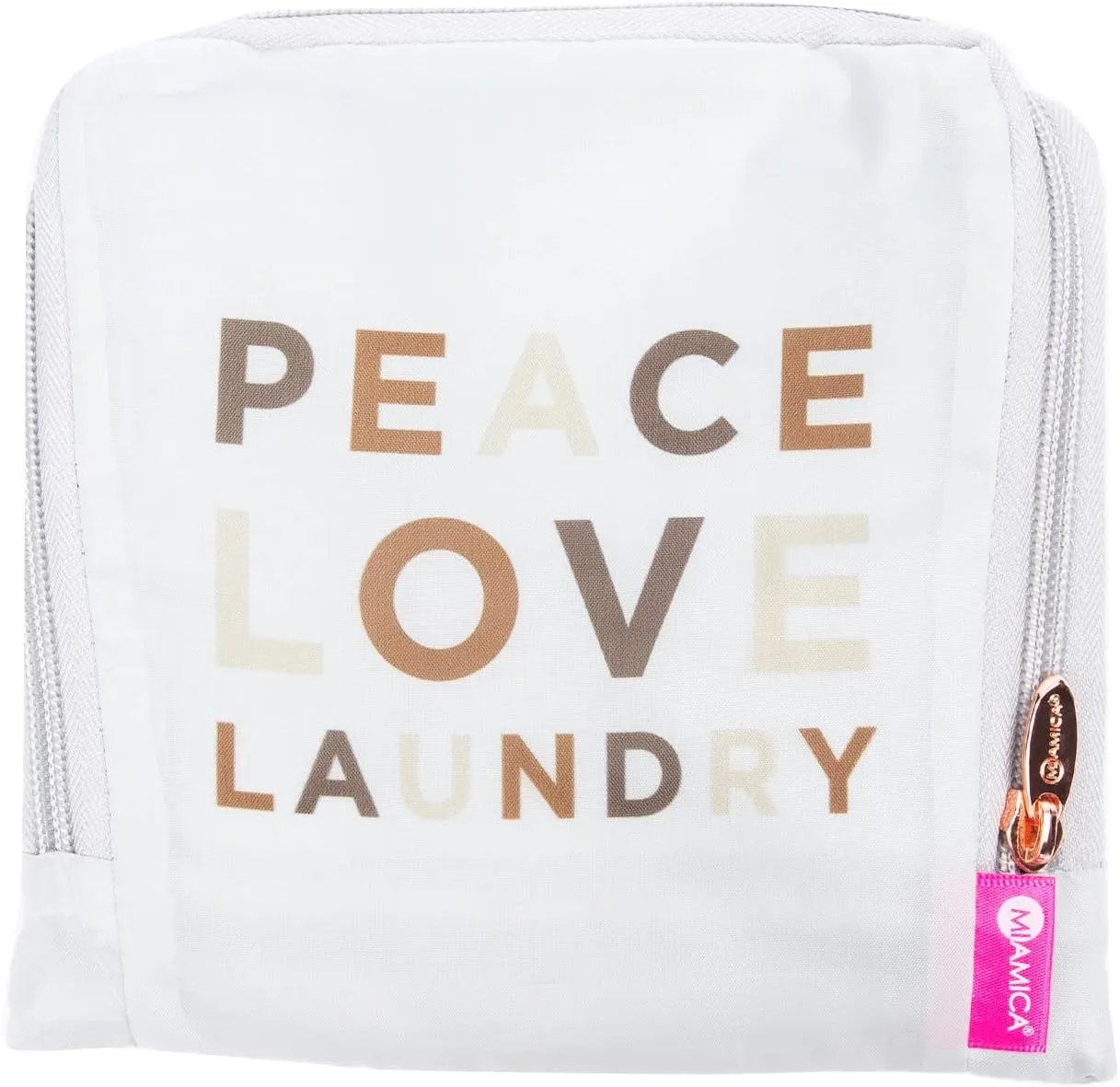 Miamica Travel Laundry Bag, Peace and Love  Measures 21 x 22 When Fully Opened  Foldable Laundry Bag with Drawstring Closure  Durable, Lightweight Travel Accessories