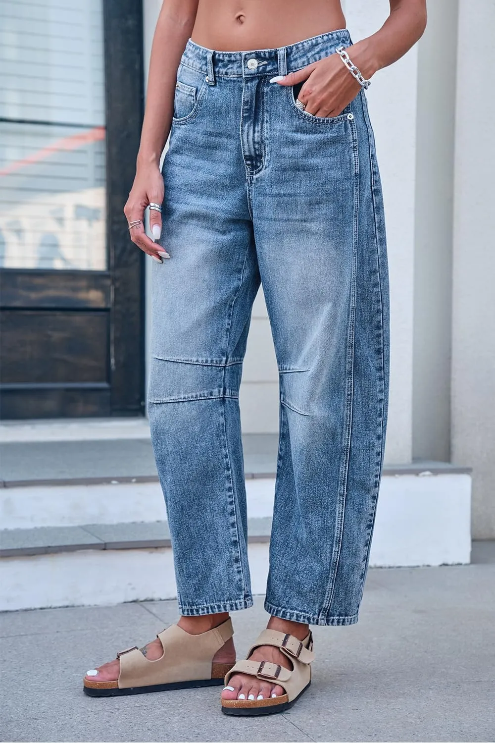 Mid Rise Barrel Jeans for Women Wide Leg Mid Waist Cropped Denim Pants Y2k Baggy Boyfriend Jeans with Pockets