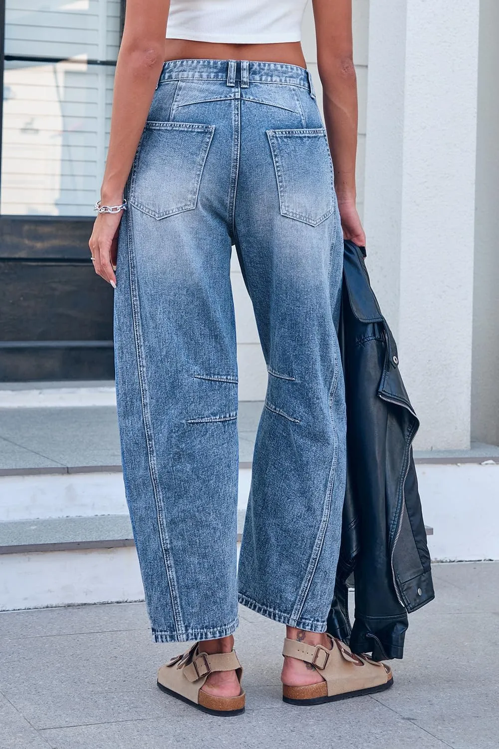 Mid Rise Barrel Jeans for Women Wide Leg Mid Waist Cropped Denim Pants Y2k Baggy Boyfriend Jeans with Pockets