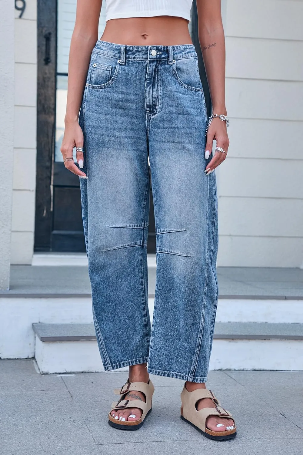 Mid Rise Barrel Jeans for Women Wide Leg Mid Waist Cropped Denim Pants Y2k Baggy Boyfriend Jeans with Pockets
