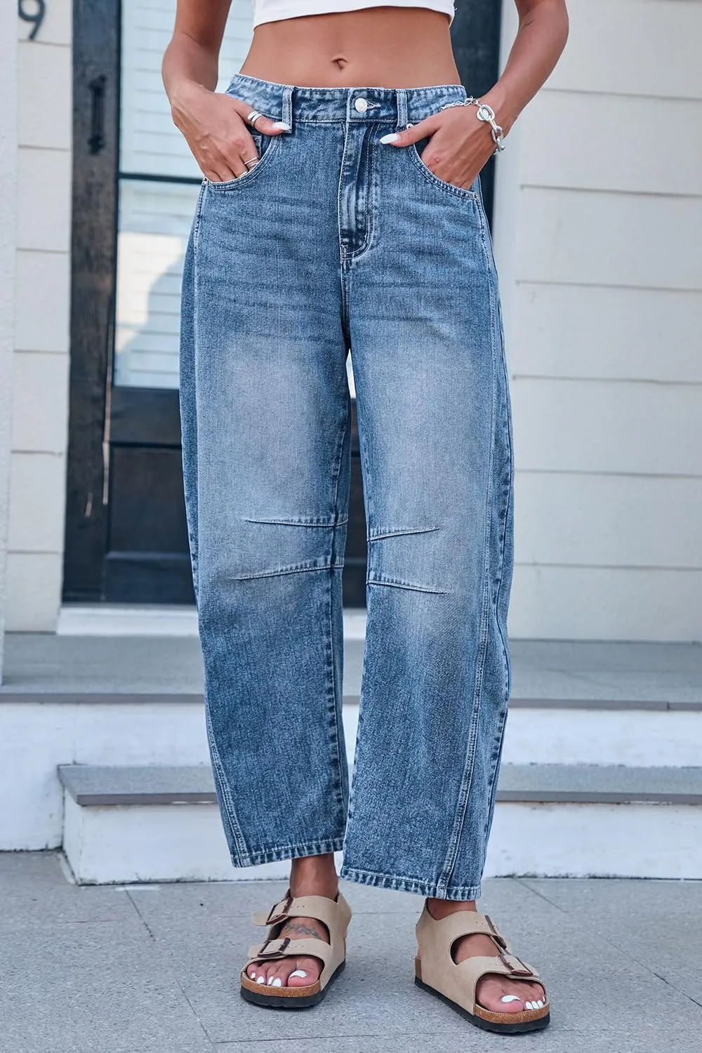 Mid Rise Barrel Jeans for Women Wide Leg Mid Waist Cropped Denim Pants Y2k Baggy Boyfriend Jeans with Pockets