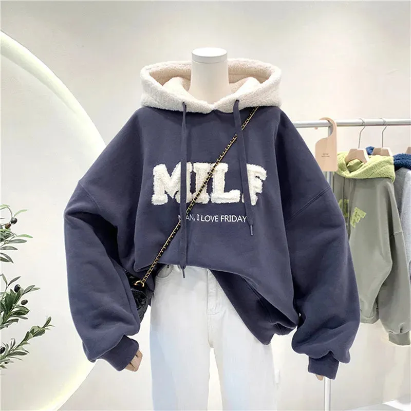 MILF "Man I Love Friday" Oversized Sweatshirt – Casual Loose-Fit Cotton Hoodie for Women, Winter Streetwear, Fleece Long Sleeve Pullover