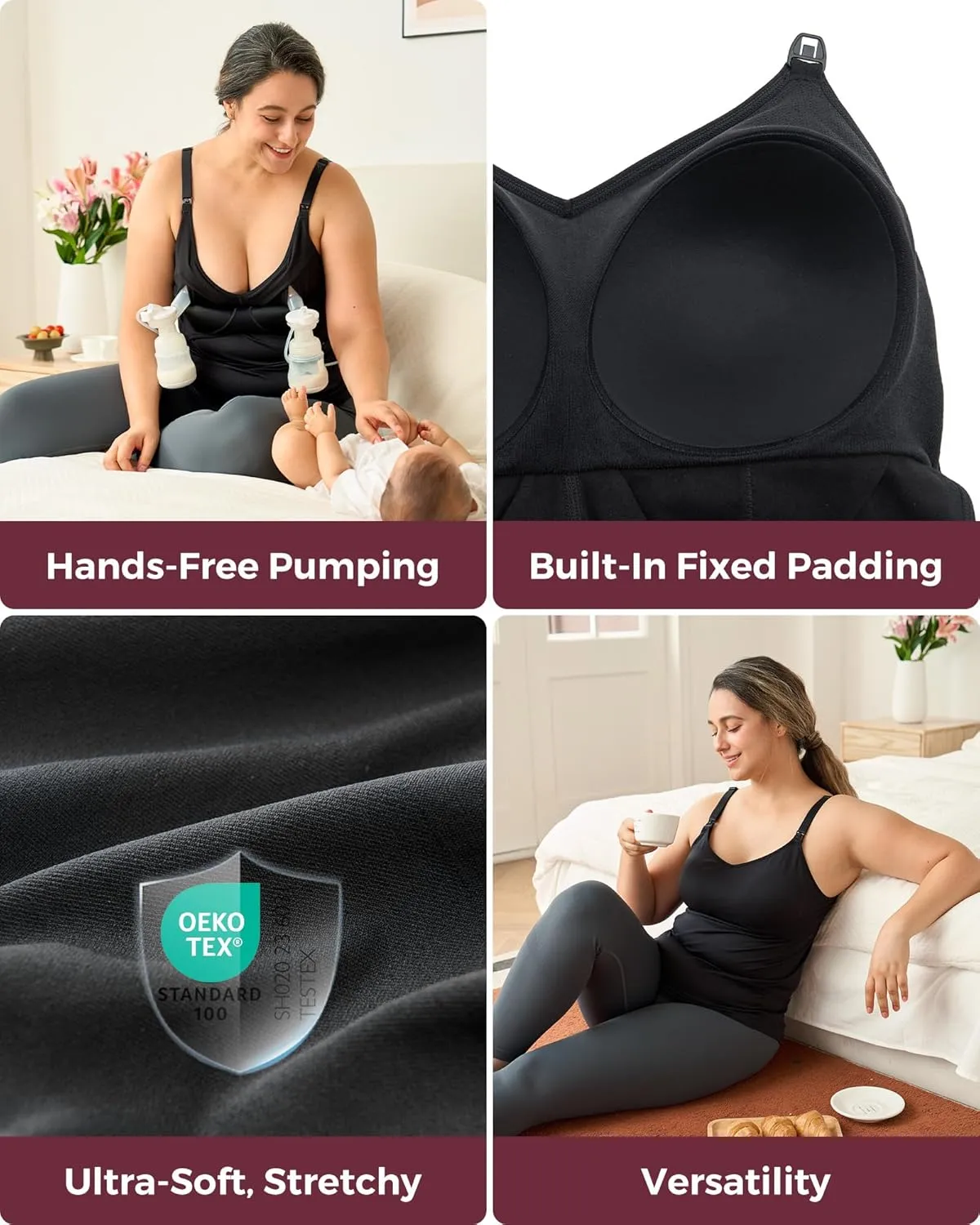Momcozy Hands Free Pumping Tank Top, All-in-One Pumping & Nursing Tank Tops with Built-in Bra, Fixed Padding Maternity Cami