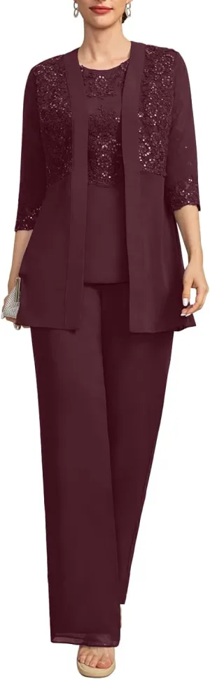 Mother of The Bride Pant Suits for Women Dressy Lace Appliques Formal Wedding Dress with Jacket MIS088