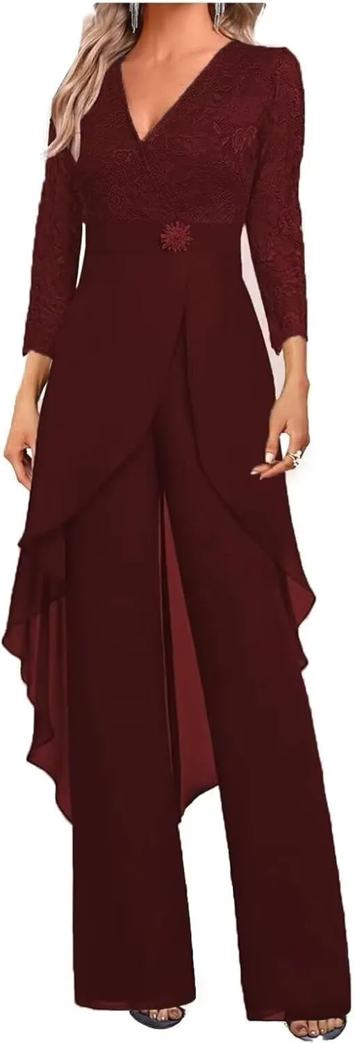 Mother of The Bride Pants Suits Dresses for Wedding Chiffon 2 Pcs Formal Pant Suits V-Neck Women's Jumpsuits