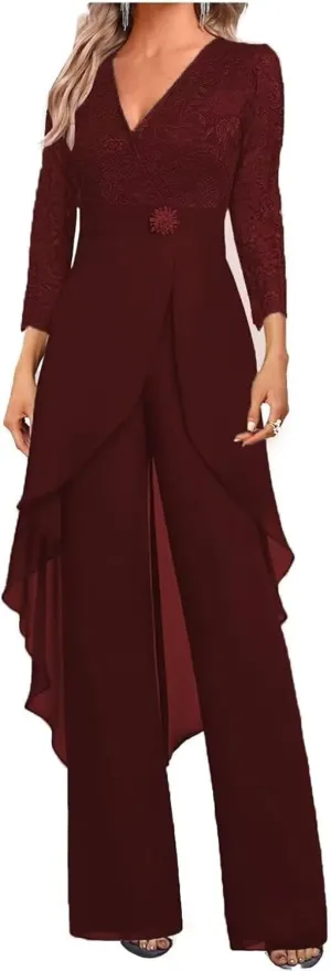 Mother of The Bride Pants Suits Dresses for Wedding Chiffon 2 Pcs Formal Pant Suits V-Neck Women's Jumpsuits