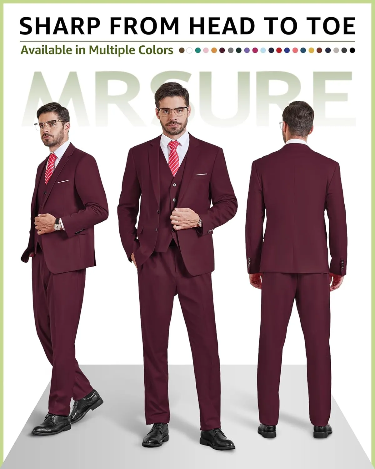 MrSure Men's 3 Pieces Suit, Solid Slim Fit Two Buttons Blazer Set, Jacket Vest Pants with Tie for Wedding Party Business