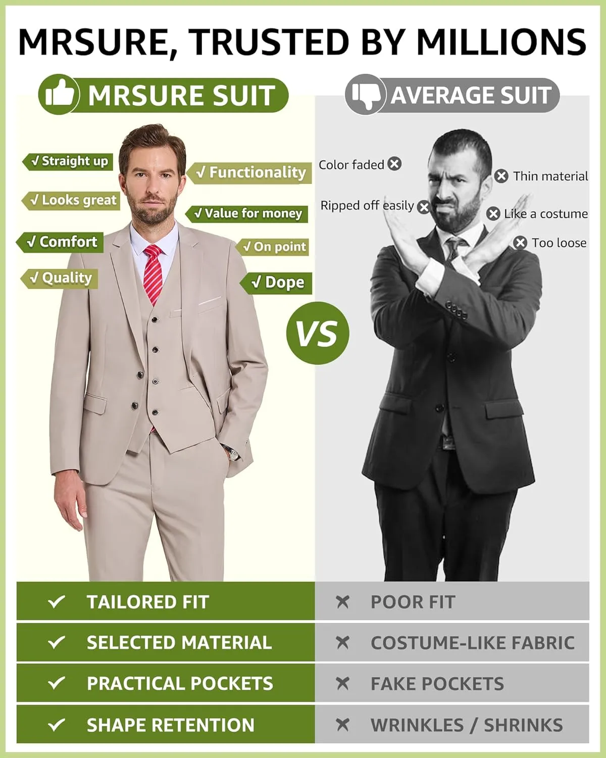 MrSure Men's 3 Pieces Suit, Solid Slim Fit Two Buttons Blazer Set, Jacket Vest Pants with Tie for Wedding Party Business