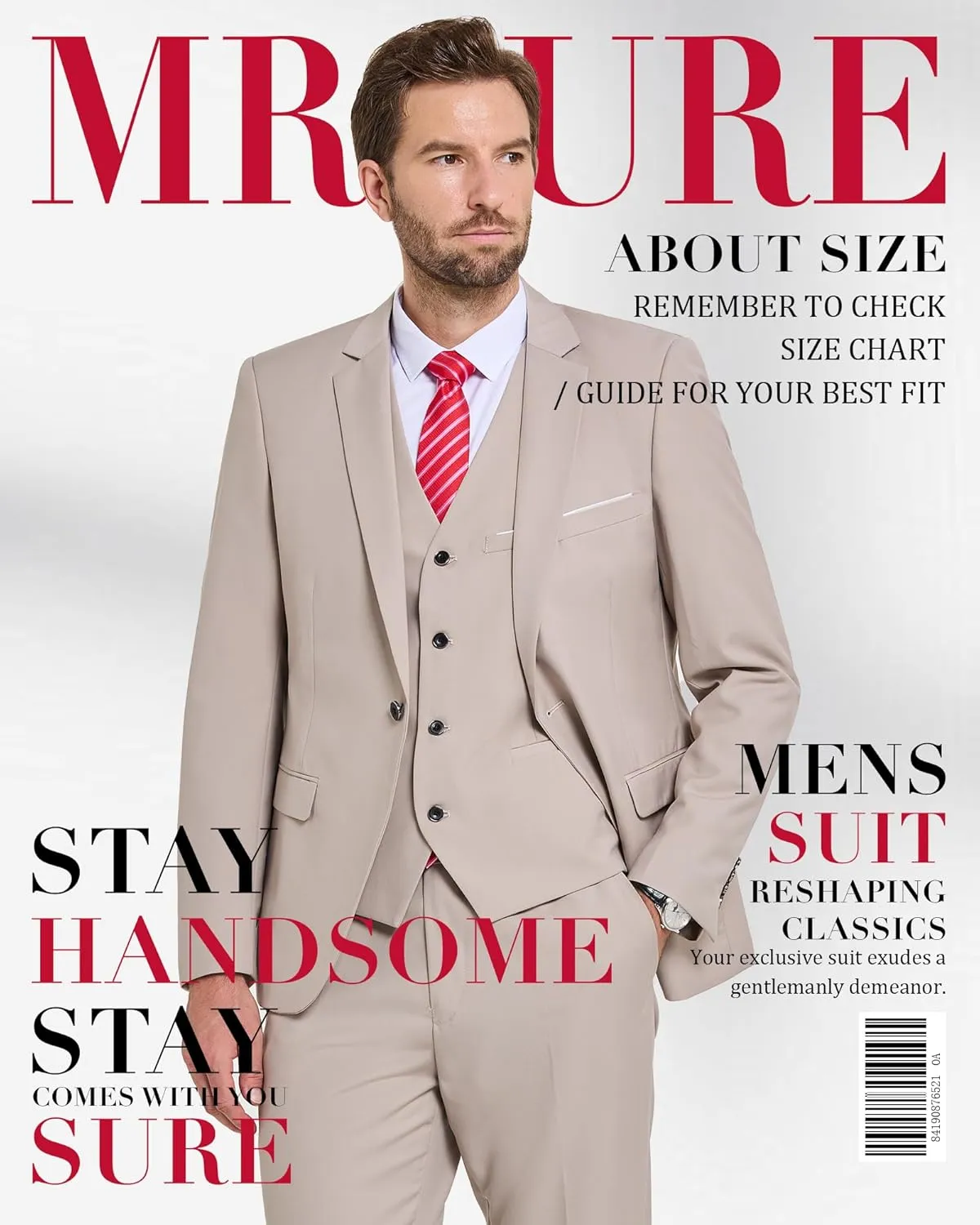 MrSure Men's 3 Pieces Suit, Solid Slim Fit Two Buttons Blazer Set, Jacket Vest Pants with Tie for Wedding Party Business