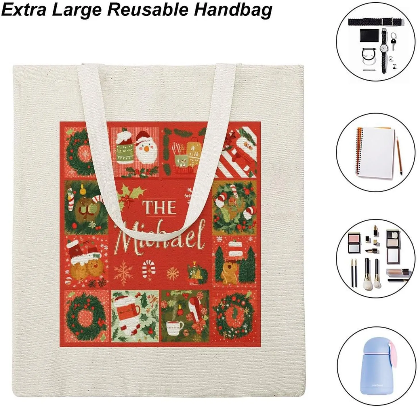 Name Personalized Christmas Holiday Gift Tote Bag for Shopping Grocery Work Birthday Gifts Travel Beach Bag