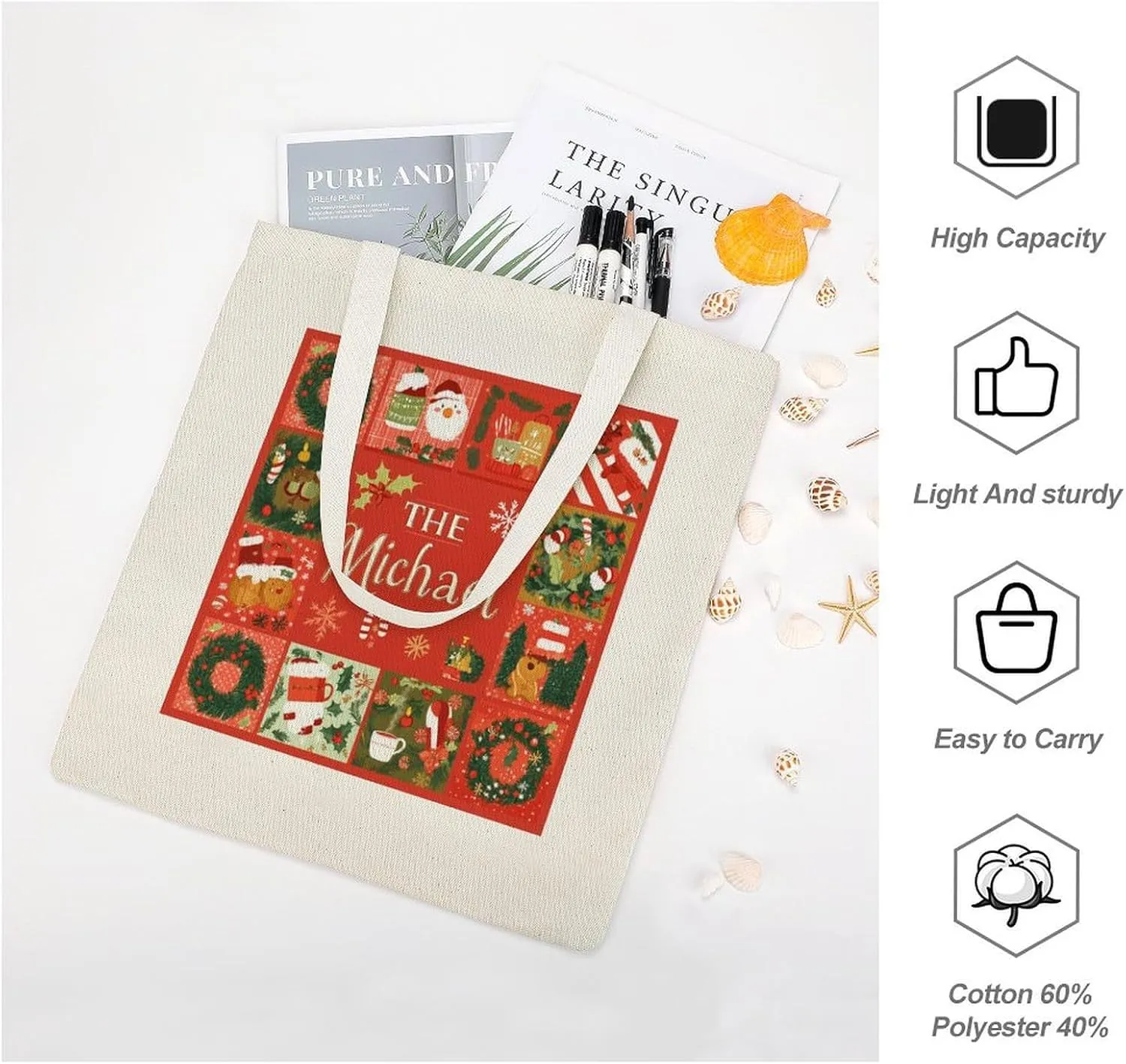 Name Personalized Christmas Holiday Gift Tote Bag for Shopping Grocery Work Birthday Gifts Travel Beach Bag