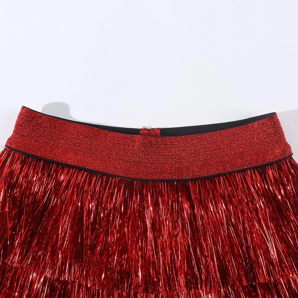 Noomelfish Girls Tinsel Fringe Skirt Sparkly Tassel Metallic Party Skirt(5-12 Years)