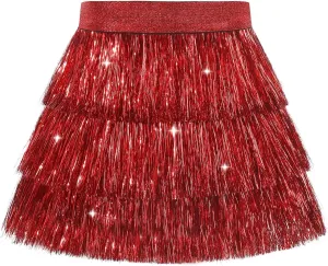 Noomelfish Girls Tinsel Fringe Skirt Sparkly Tassel Metallic Party Skirt(5-12 Years)