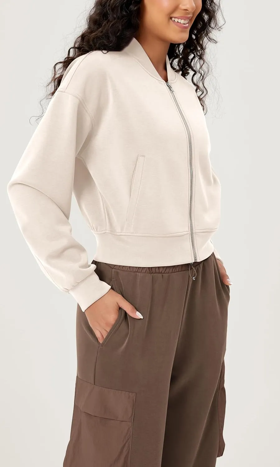 ODODOS Modal Soft Full-Zip Bomber Jacket for Women Long Sleeve Casual Fall Outfit Crop Top with Pockets