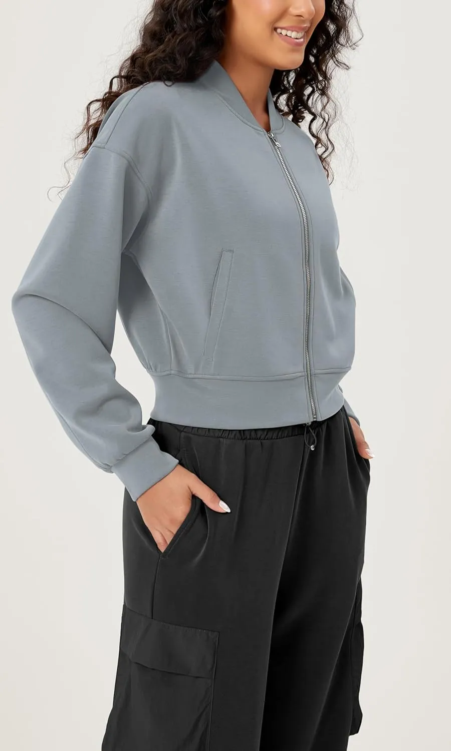 ODODOS Modal Soft Full-Zip Bomber Jacket for Women Long Sleeve Casual Fall Outfit Crop Top with Pockets