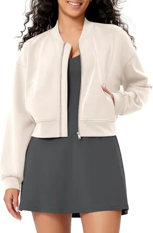 ODODOS Modal Soft Full-Zip Bomber Jacket for Women Long Sleeve Casual Fall Outfit Crop Top with Pockets