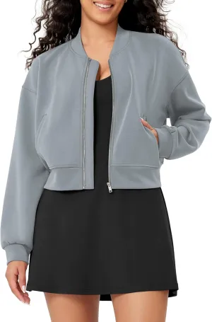 ODODOS Modal Soft Full-Zip Bomber Jacket for Women Long Sleeve Casual Fall Outfit Crop Top with Pockets