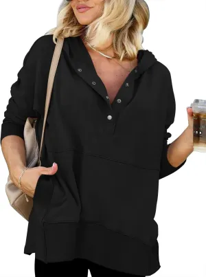 onlypuff Womens Oversized Hoodies and Sweatshirt V Neck Button up Loose Fit Henley Shirt 2022 Fall Fashion