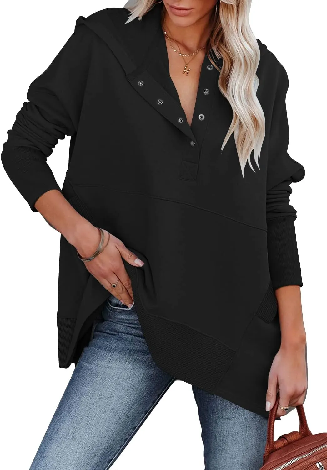 onlypuff Womens Oversized Hoodies and Sweatshirt V Neck Button up Loose Fit Henley Shirt 2022 Fall Fashion