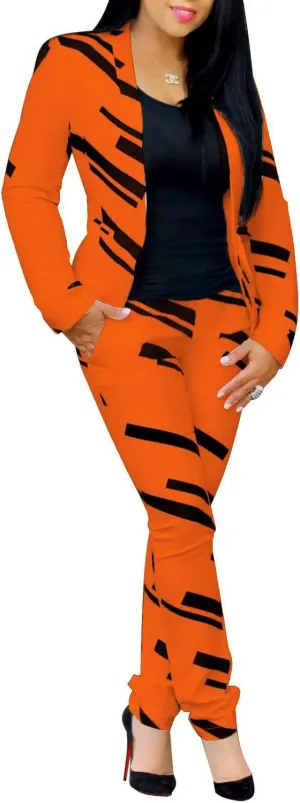PAODIKUAI Women's 2 Piece Outfits Long Sleeve Stripe Jacket Top and Pants Suit Set
