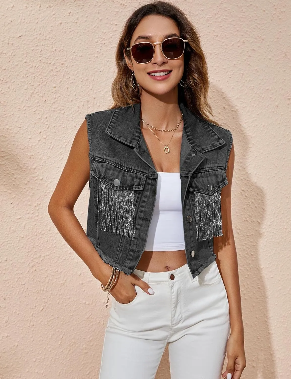 PEHMEA Womens Fringe Denim Vest Tassel Distressed Cropped Sleeveless Jean Jacket