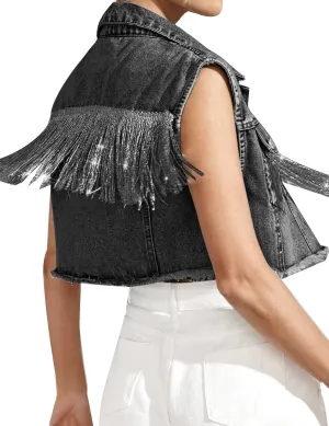 PEHMEA Womens Fringe Denim Vest Tassel Distressed Cropped Sleeveless Jean Jacket