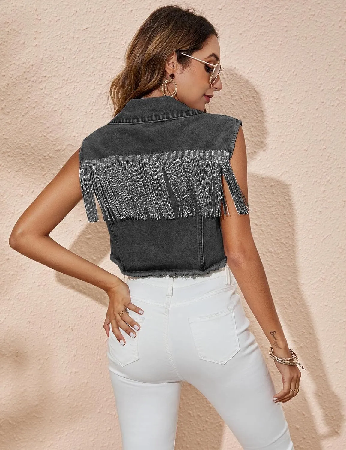 PEHMEA Womens Fringe Denim Vest Tassel Distressed Cropped Sleeveless Jean Jacket