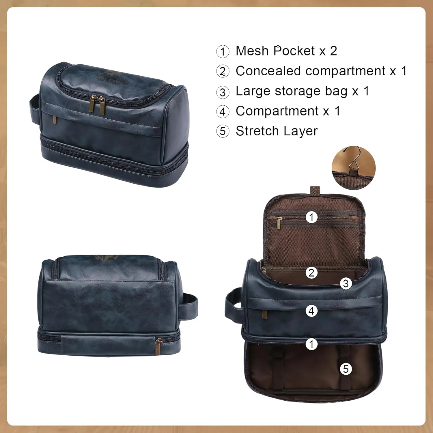Personalized Leather Toiletry Bag for Men - Customized Name & Initial Travel Shaving Dopp Kit Bag for Husband, Dad,Grandpa, Lover, Boyfriend, Groomsmen, Ideal Gift for Birthday Father's Day (Blue)