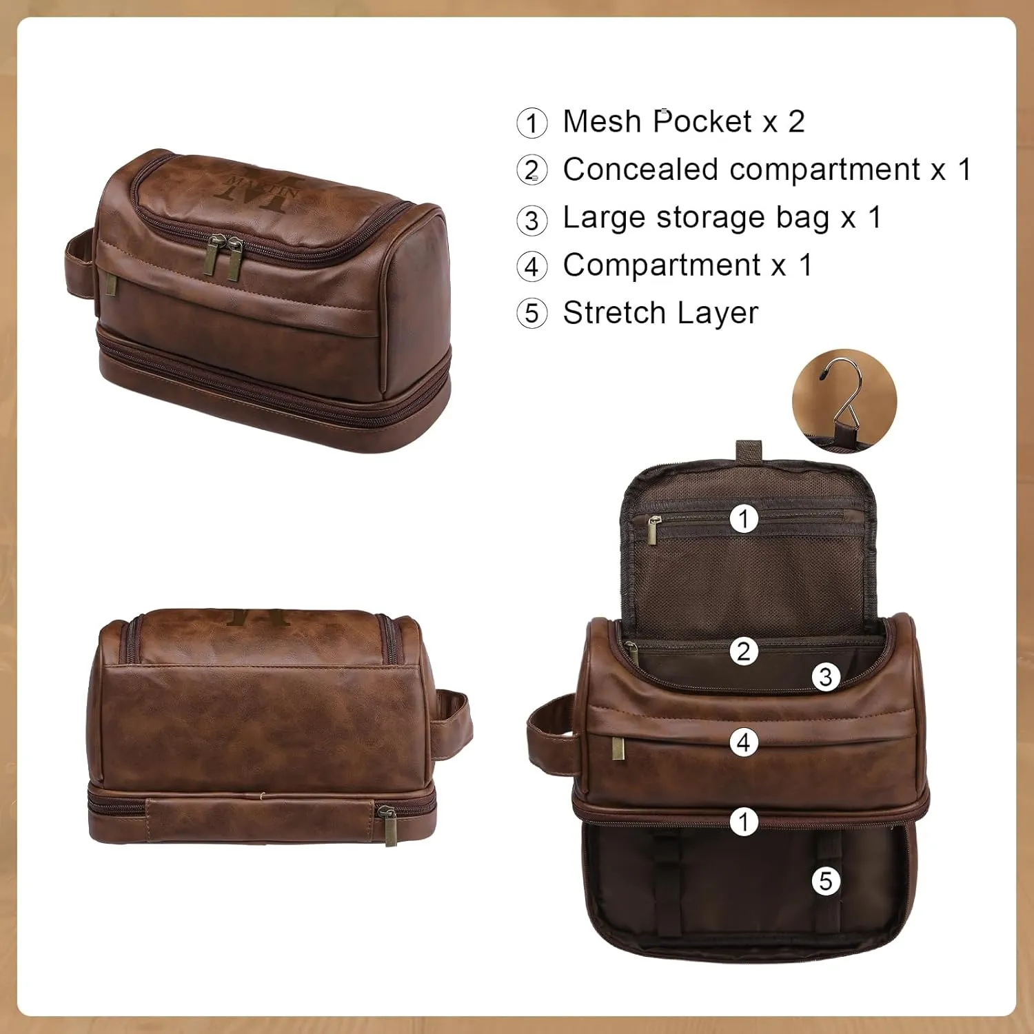 Personalized Leather Toiletry Bag for Men - Customized Name & Initial Travel Shaving Dopp Kit Bag for Husband, Dad,Grandpa, Lover, Boyfriend, Groomsmen, Ideal Gift for Birthday Father's Day (Brown)