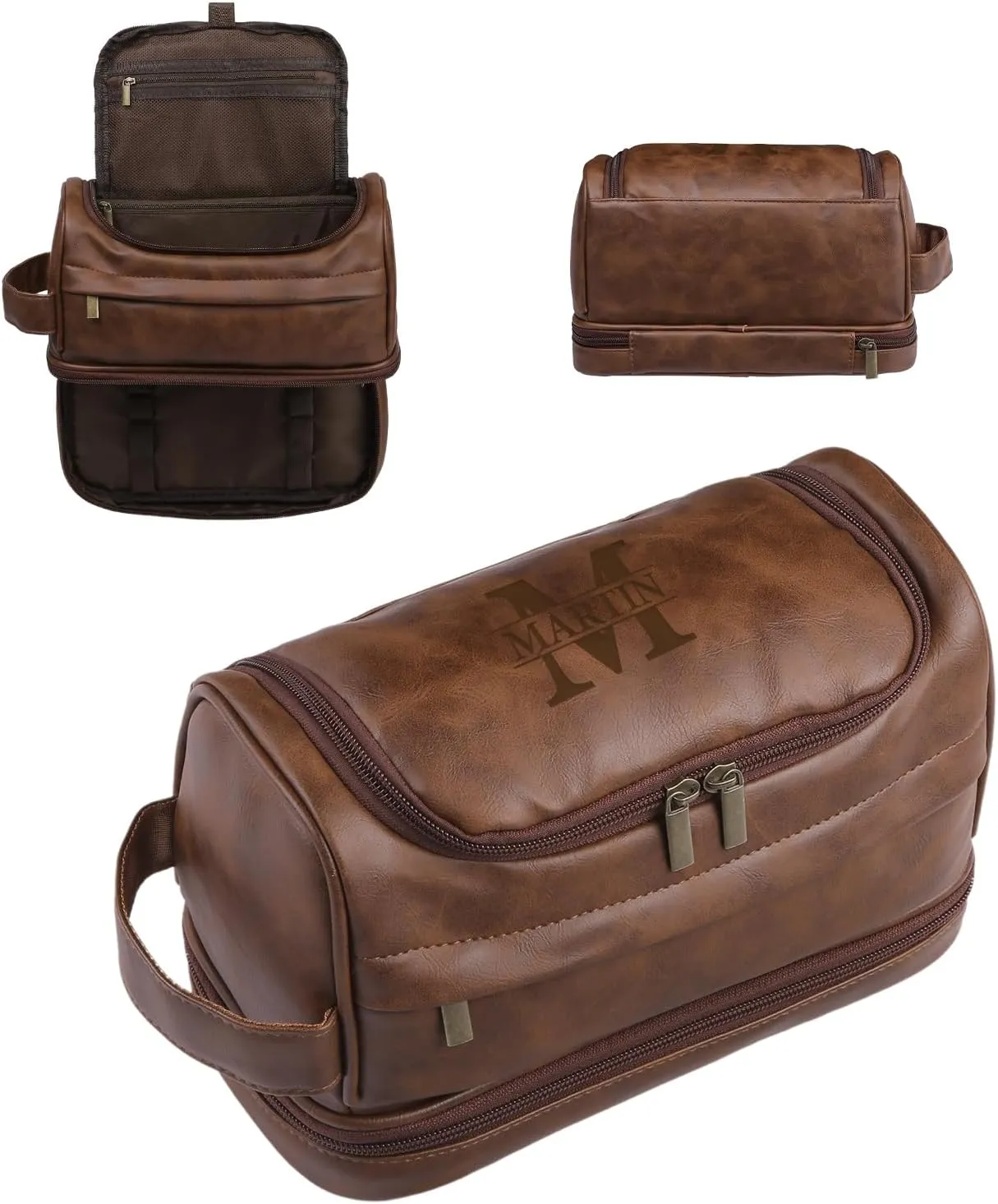 Personalized Leather Toiletry Bag for Men - Customized Name & Initial Travel Shaving Dopp Kit Bag for Husband, Dad,Grandpa, Lover, Boyfriend, Groomsmen, Ideal Gift for Birthday Father's Day (Brown)