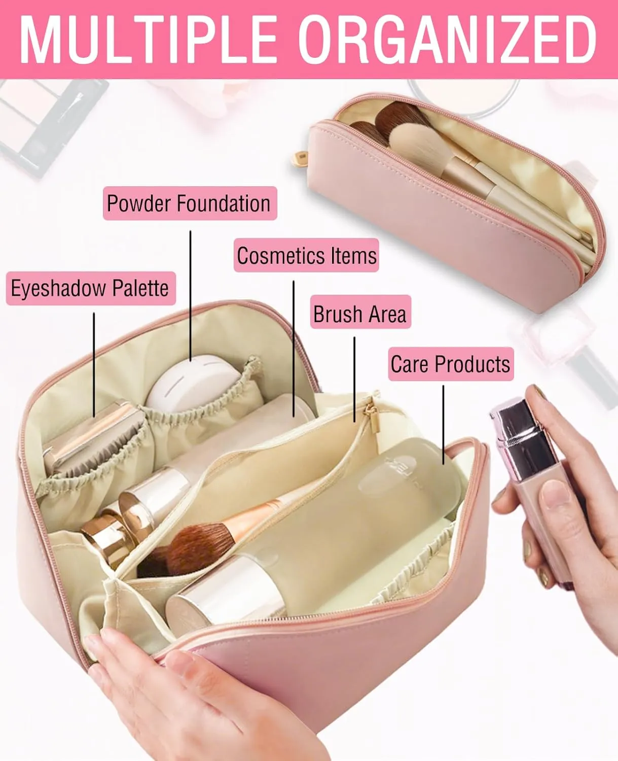 Personalized Makeup Bag for Women - Customized Travel Cosmetic Bag with Name Large Capacity, Waterproof PU Leather Toiletry Bag with Divider & Handle, Mothers Day Gifts for Mom/Bridesmaids Flower